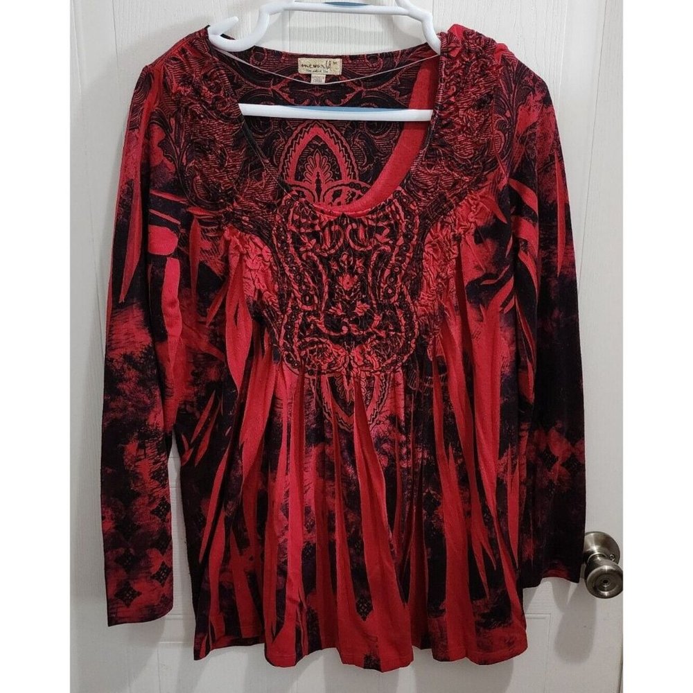 One World Women's Long‎ Sleeve Scoop Smocked Neck Pleated Top Red Black Design M